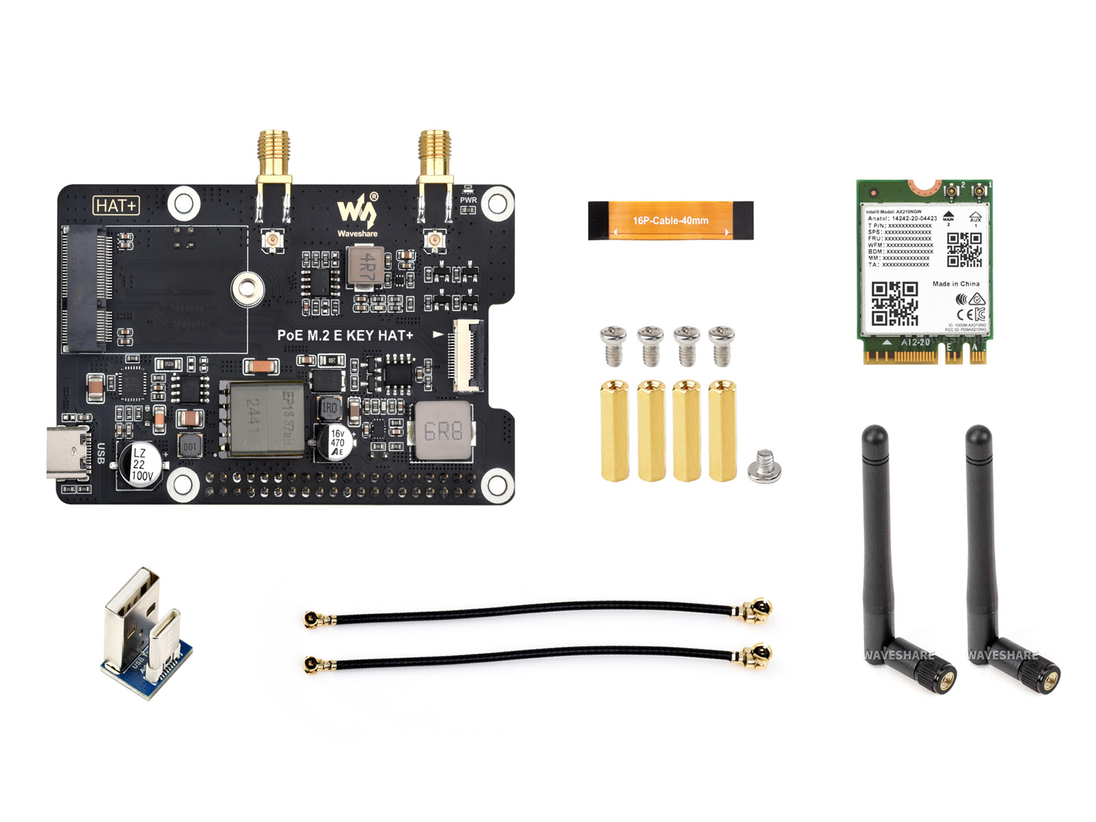 树莓派 5 PCIe 转 M.2 E KEY 带 PoE 扩展板 支持 NGFF (M.2 E Key) 无线网卡 AX210 套件